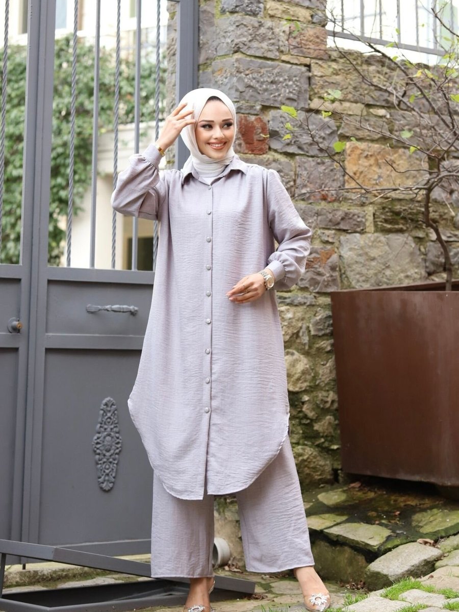SFG Life Moda Gri Yazlık Gömlek Yaka Ve Önü Düğmeli Keten Kumaş Uzun Tunik,pantalon İkili Takım
