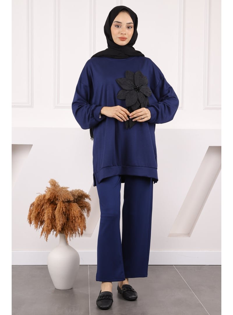 İmaj Butik Lacivert Çiçek Detaylı Modal Tunik Pantolonlu Takım