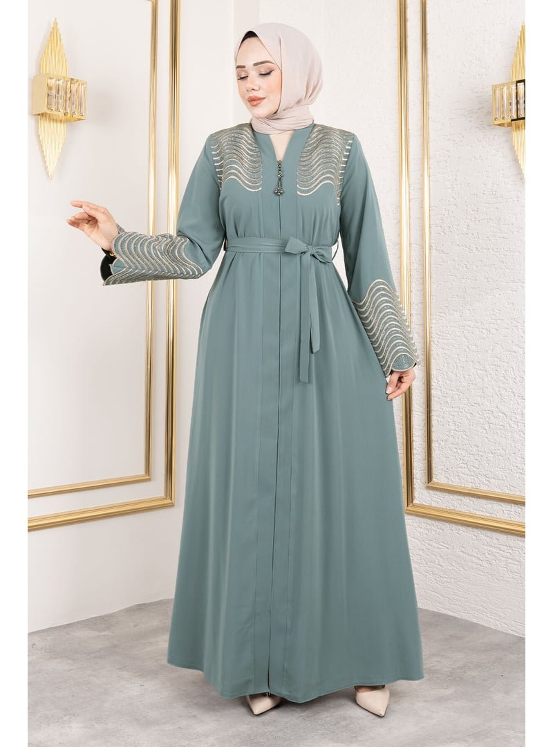 Tesettür Dünyası Mint Yeşili Nakış Ve Taş Detaylı Abaya