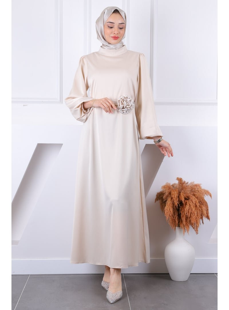 İmaj Butik Bej Gül Kemer Detaylı Balon Kol Saten Abiye Elbise