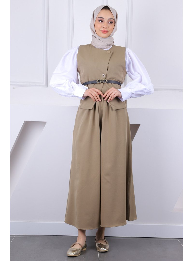 İmaj Butik Haki Kemerli Yelek Etekli Takım