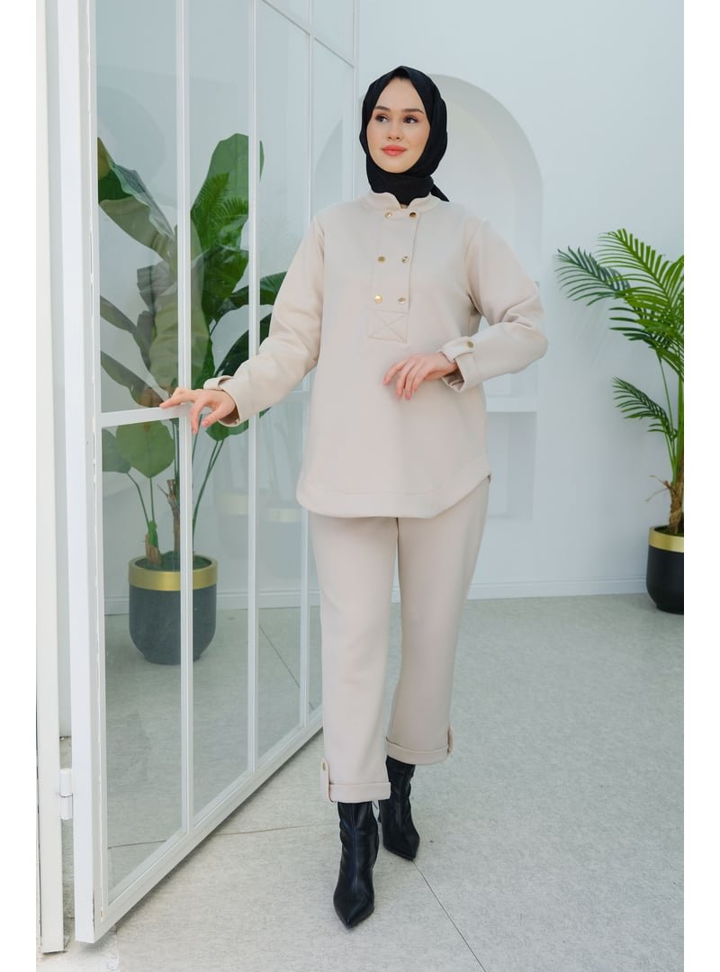 Locco Moda Krem Düğme Detaylı Oval Kesim İkili Takım