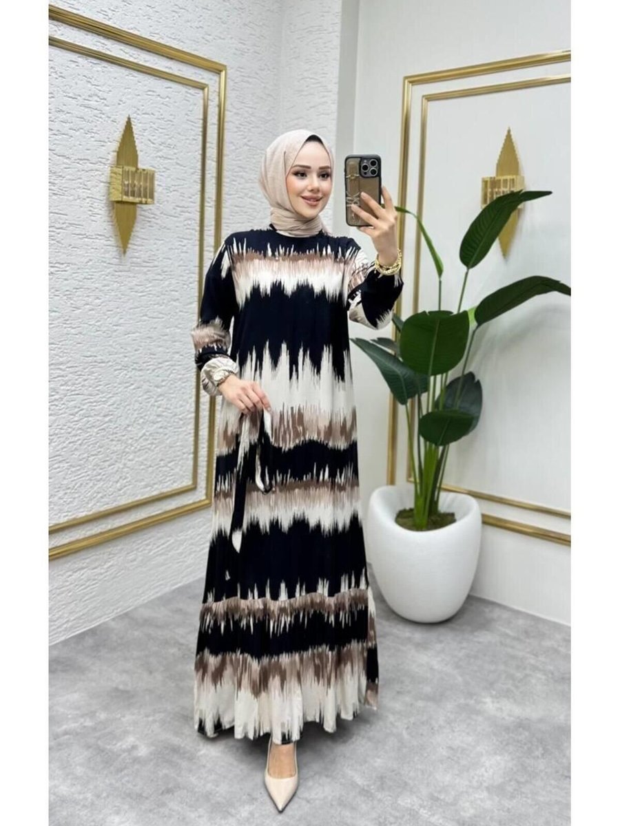 Nergis Neva Butik Siyah Batik Desenli Kemerli Elbise