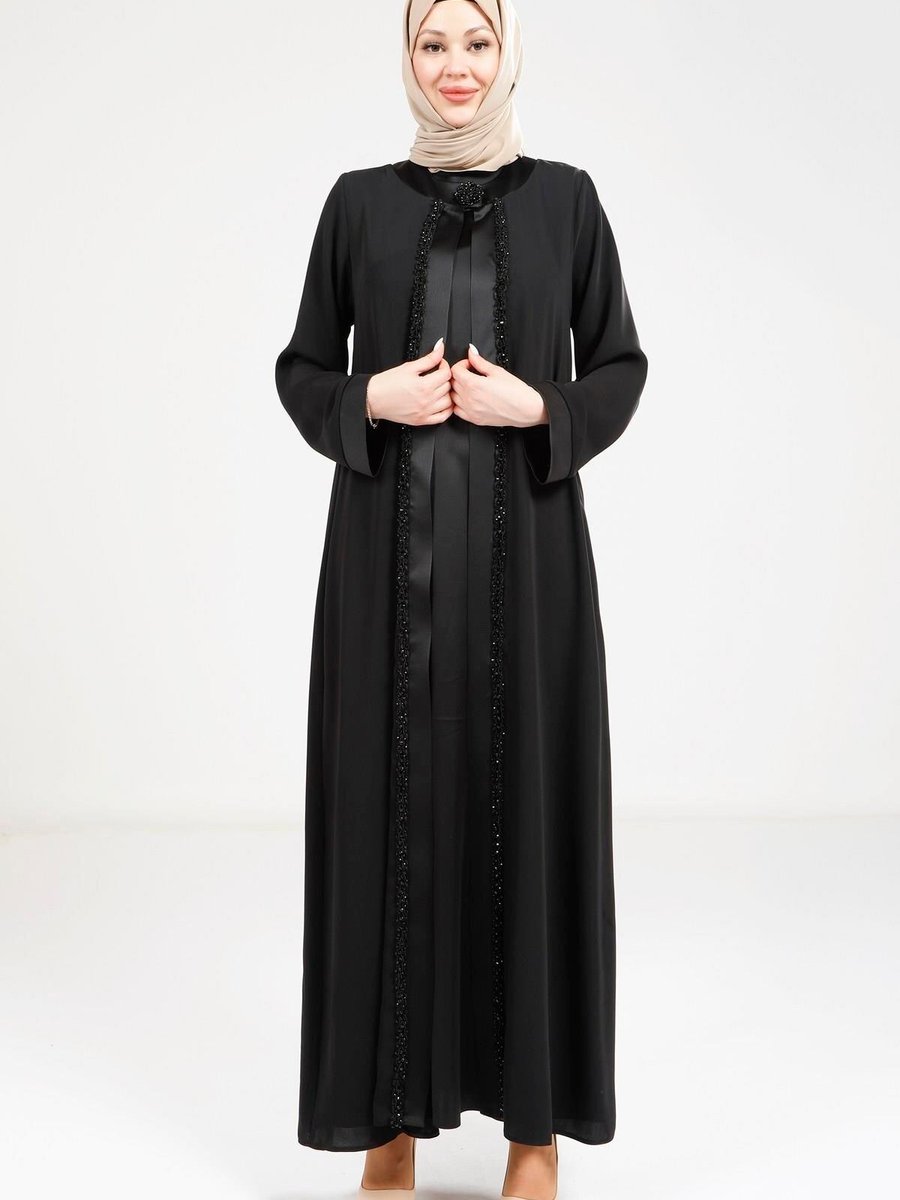 Beyza Siyah Saten Elbiseli Abaya