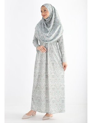 Plistre 2105_tek Parça Kaymaz Başörtülü Beli Büzgülü Kuşaklı Desenli Namaz Elbisesi Bone Takmaya Gerek Yok