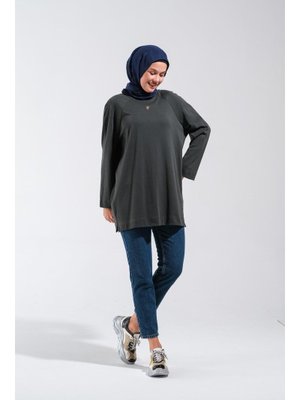 Plistre 2255_reglan Kollu Minimal Baskılı Basic Oversize Rahat Kalıp Tunik
