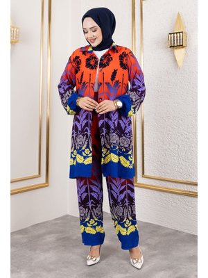 Tesettür Dünyası Turuncu Renkli Çiçek Desenli Viskon Takım