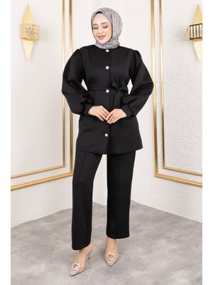 Tesettür Dünyası Siyah Önden Düğmeli Scuba Takım