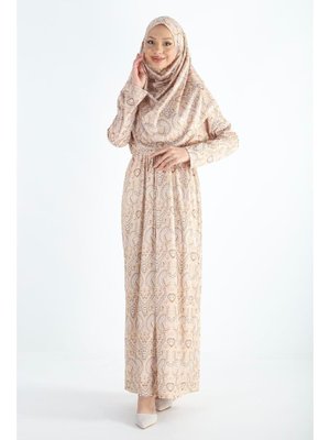 Plistre 2105_tek Parça Kaymaz Başörtülü Beli Büzgülü Kuşaklı Desenli Namaz Elbisesi Bone Takmaya Gerek Yok