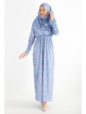 Plistre 2105_tek Parça Kaymaz Başörtülü Beli Büzgülü Kuşaklı Desenli Namaz Elbisesi Bone Takmaya Gerek Yok