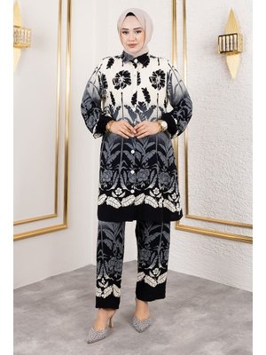 Tesettür Dünyası Siyah Renkli Çiçek Desenli Viskon Takım