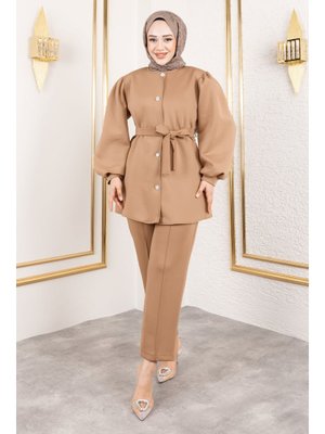 Tesettür Dünyası Camel Önden Düğmeli Scuba Takım