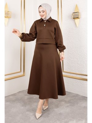 Tesettür Dünyası Kahverengi Scuba Etekli Takım