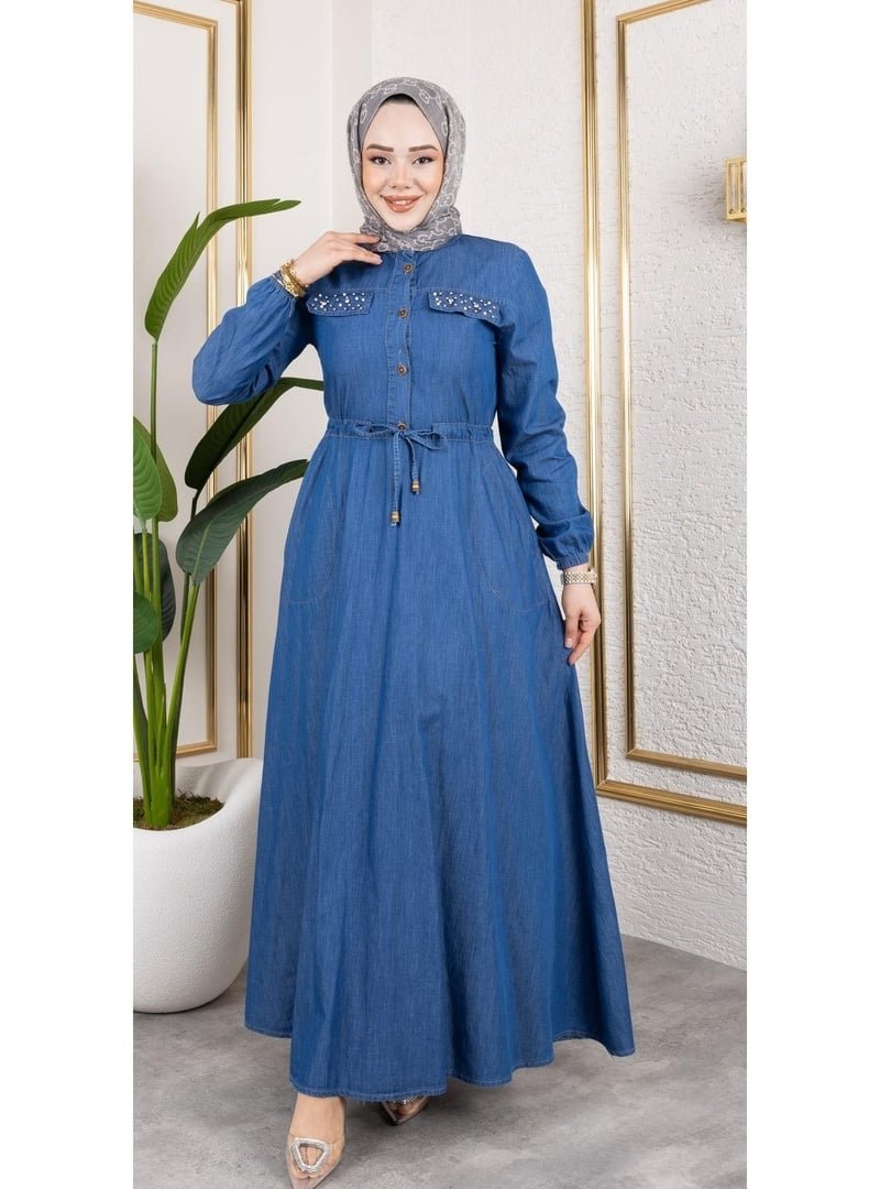 Harmatime butik İnci Taş Detaylı Belden Sıkmalı Kot Elbise