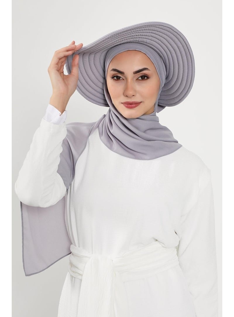 Aisha`s Design Gri Çıkarılabilir Arkası Fiyonklu Şapkalı Pratik Krep Şal Türban,ss