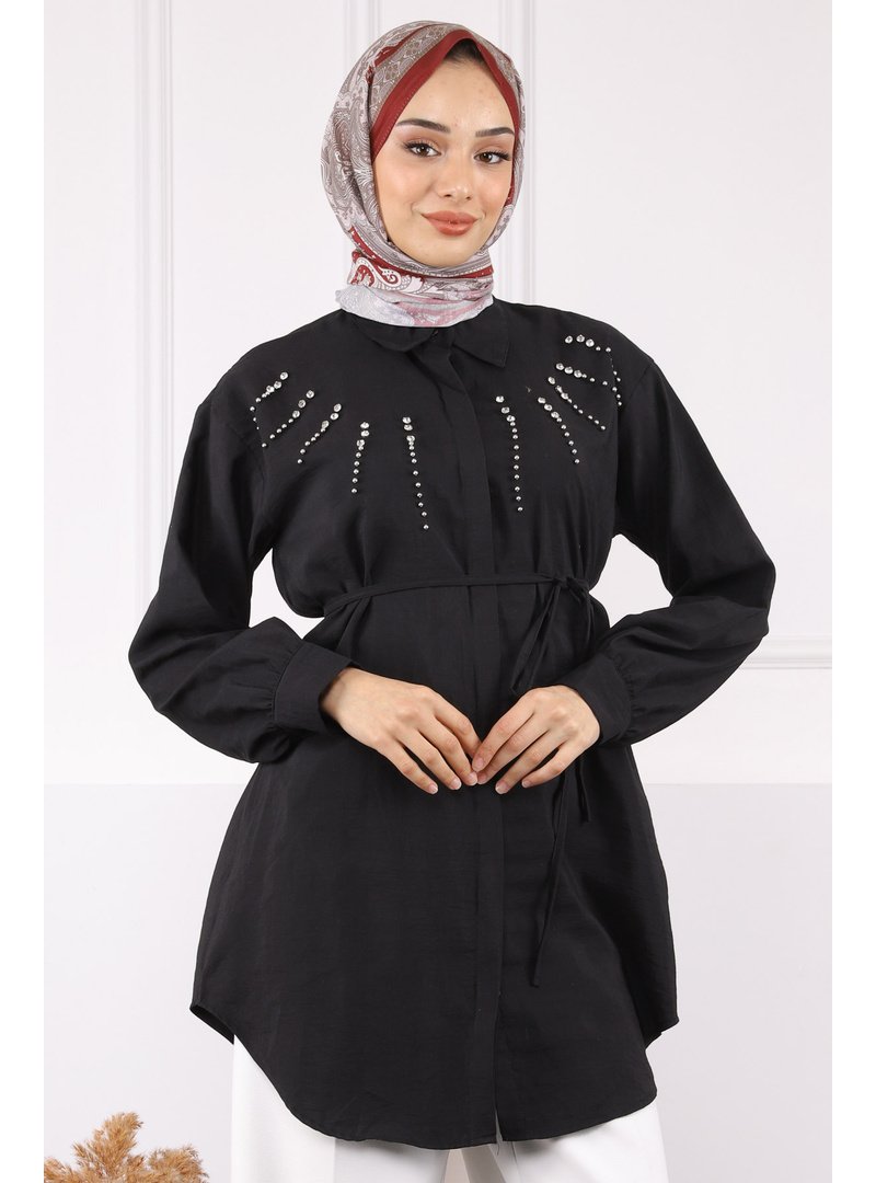İmaj Butik Siyah Önü Taşlı Modal Tunik