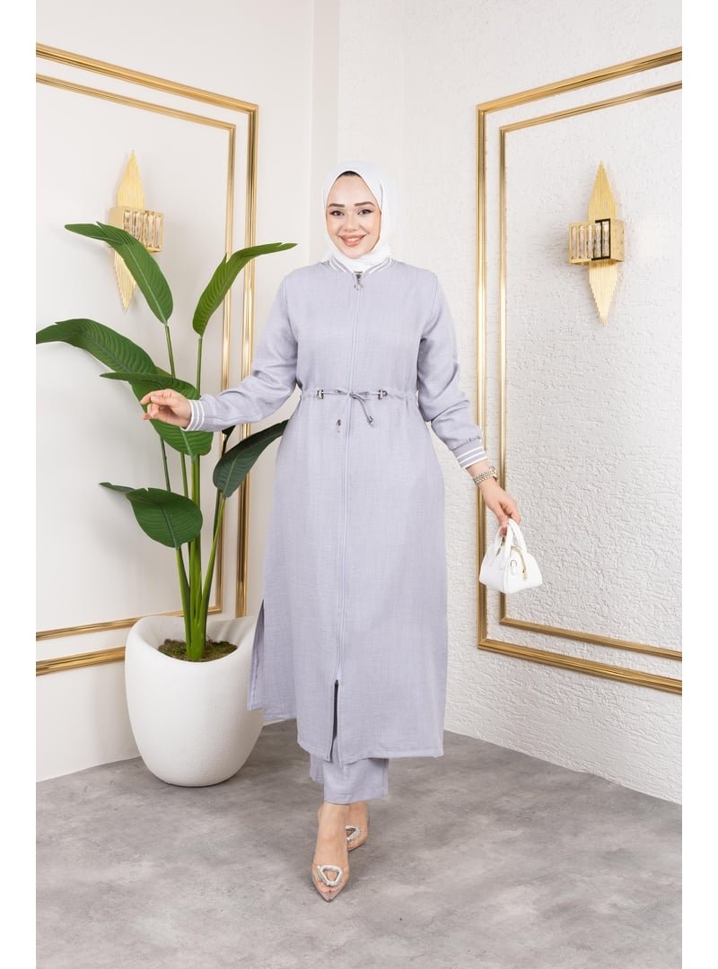 Harmatime butik Gri Ribanalı Fermuarlı Keten İkili Takım