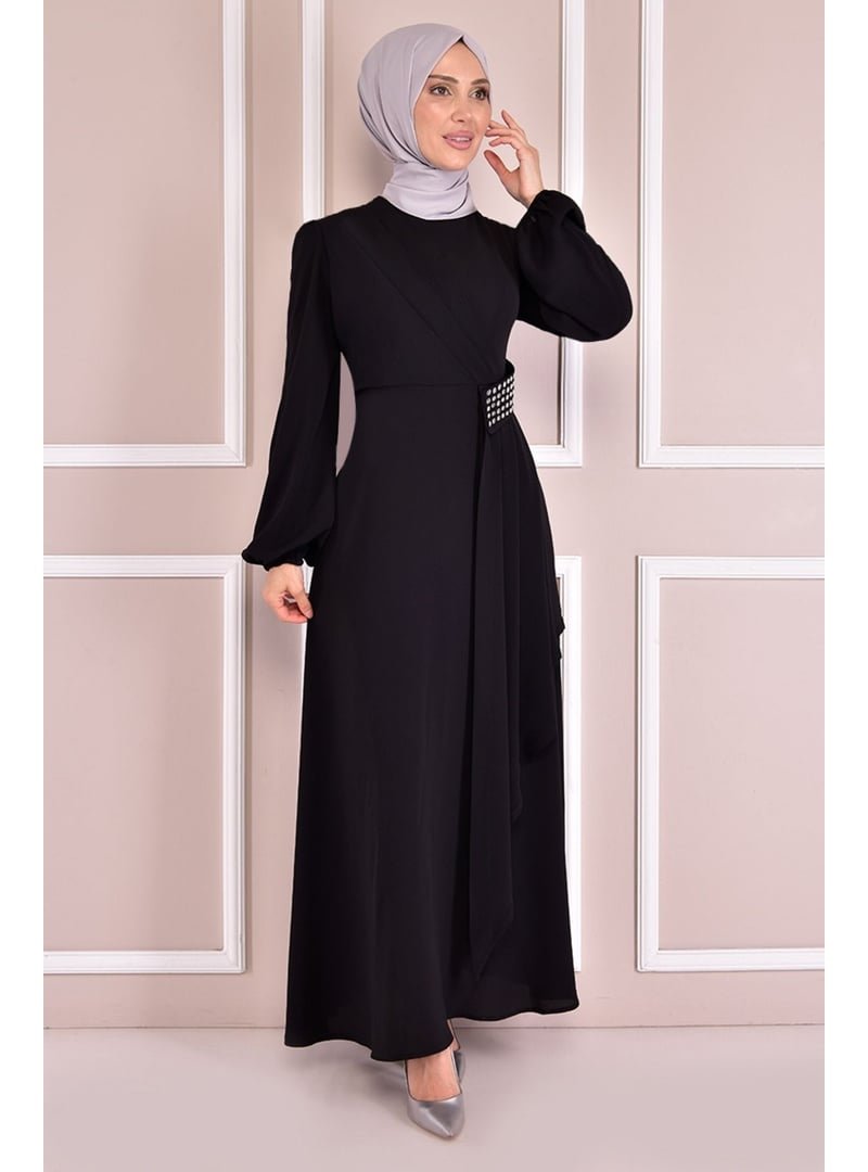 AYŞE MELEK TASARIM Giyim Moda Kemeri Taşlı Asimetrik Krep Tesettür Abiye Elbise Siyah