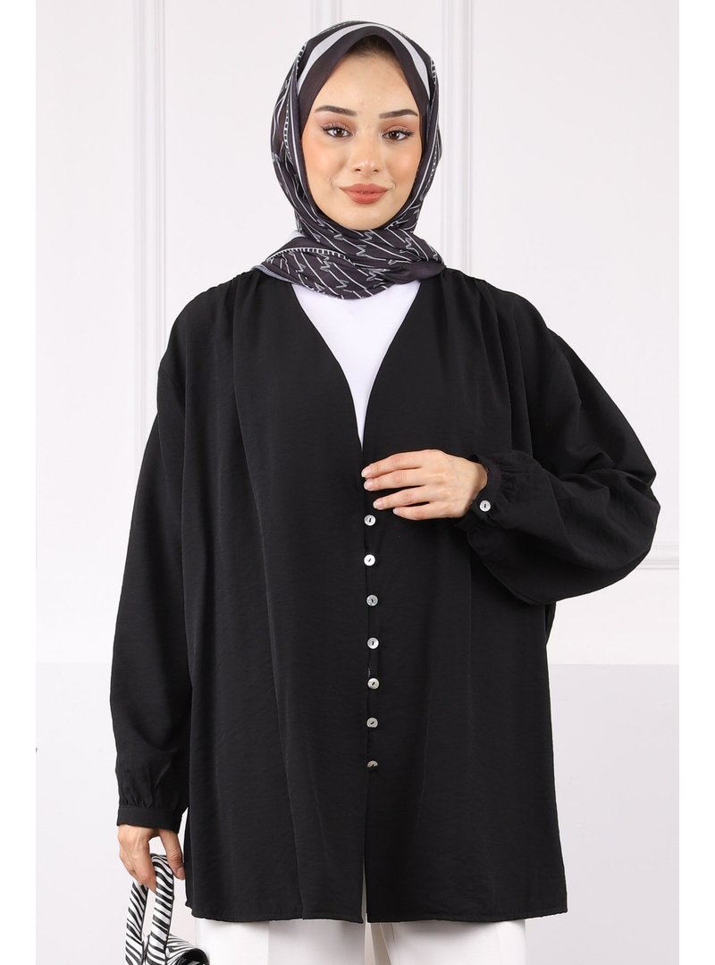 İmaj Butik Siyah Omuz Pileli Düğmeli Hırka