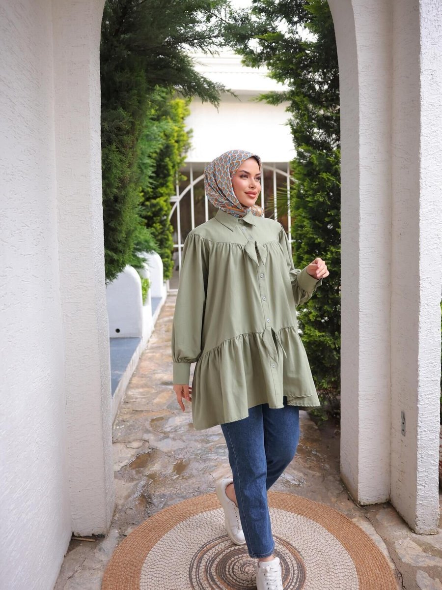 Nergis Neva Butik Yeşil Fiyonklu Salaş Tunik