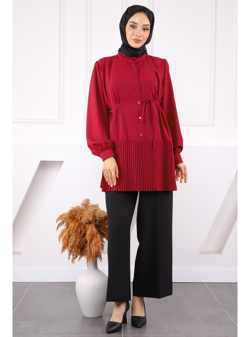 İmaj Butik Bordo Eteği Piliseli Bel Kuşaklı Tunik