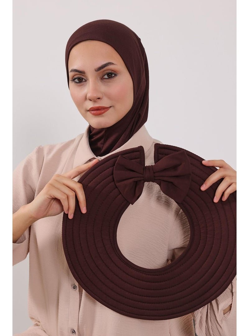 Aisha`s Design Kahverengi Türban Üzeri Penye Pratik Tak Çık Fiyonklu Şapka,sp 4,sp