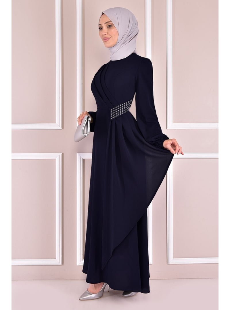 AYŞE MELEK TASARIM Giyim Moda Kemeri Taşlı Asimetrik Krep Tesettür Abiye Elbise Lacivert