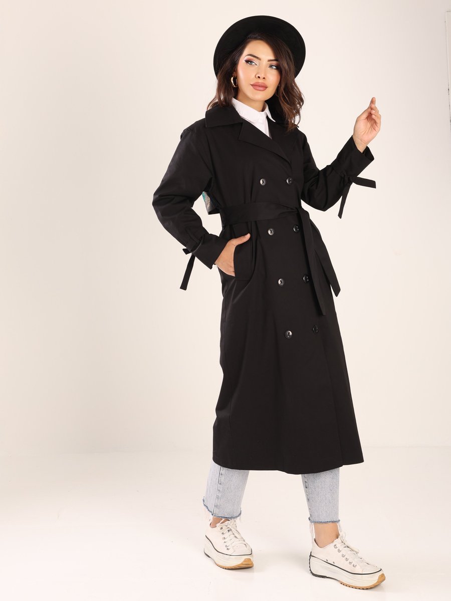 Sahra Afra Yeşil Tasarım Kadın Oversize Trençkot Siyah