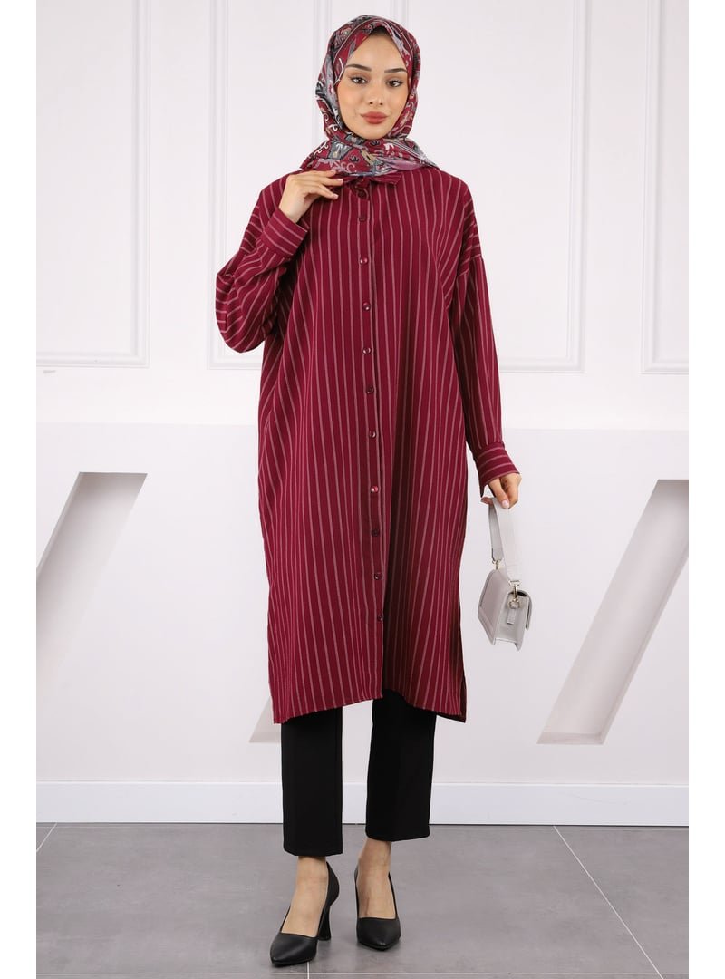 İmaj Butik Bordo Çizgili Yırtmaçlı Tunik
