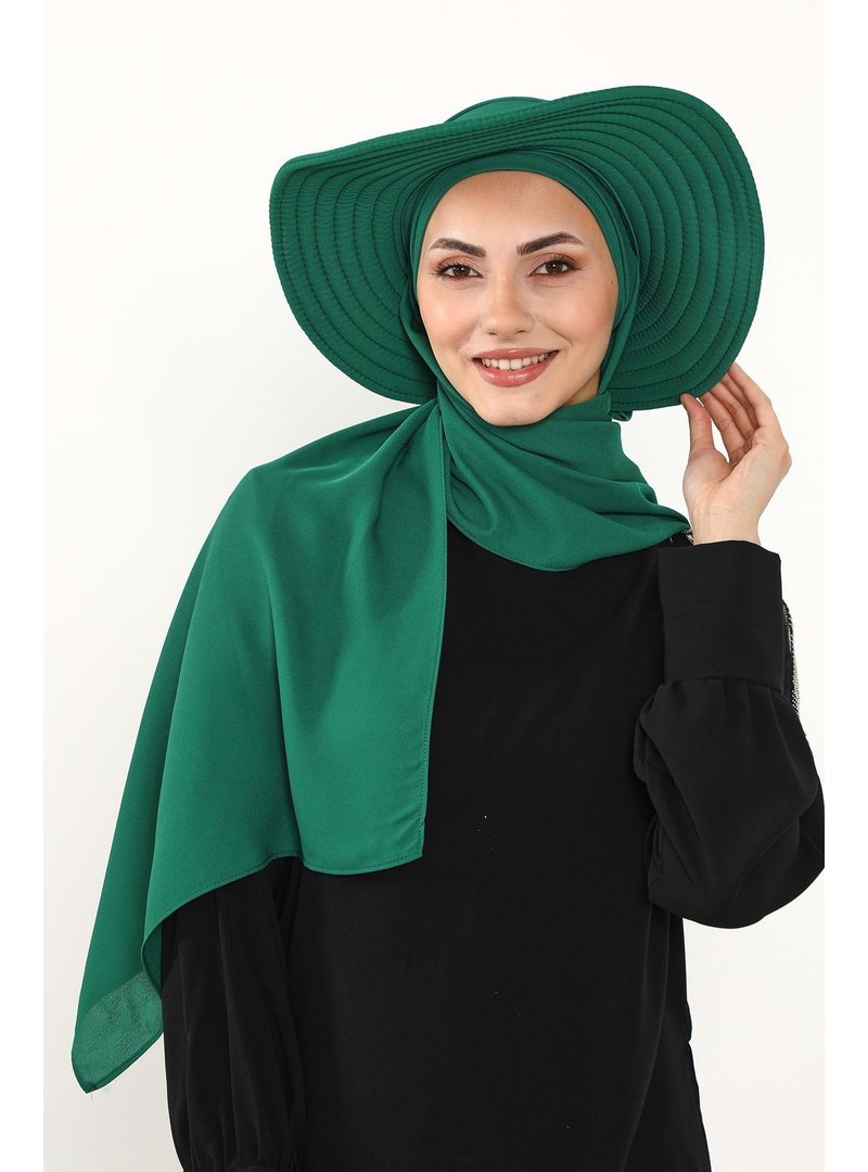 Aisha`s Design Yeşil Çıkarılabilir Arkası Fiyonklu Şapkalı Pratik Krep Şal Türban,ss