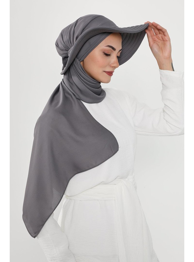 Aisha`s Design Antrasit Çıkarılabilir Arkası Fiyonklu Şapkalı Pratik Krep Şal Türban,ss