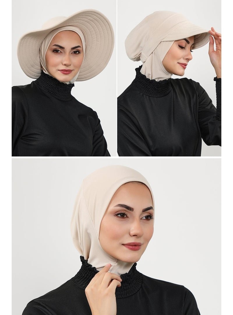 Aisha`s Design 1sn Bej 3'lü Bone,siperlik Ve Şapka Seti (deniz,havuz) Yüzücü Bonesi,st 1sn,st