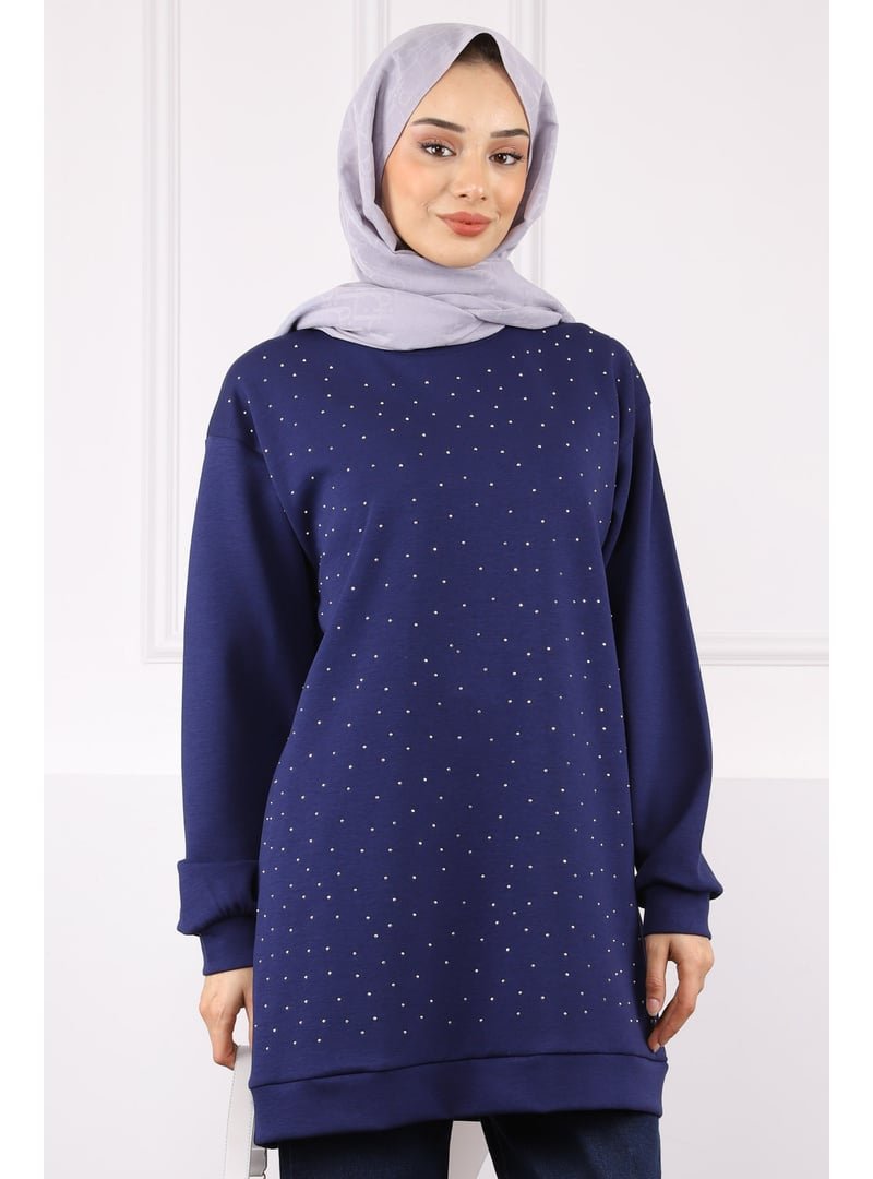 İmaj Butik Lacivert Bisiklet Yaka Taşlı Modal Tunik