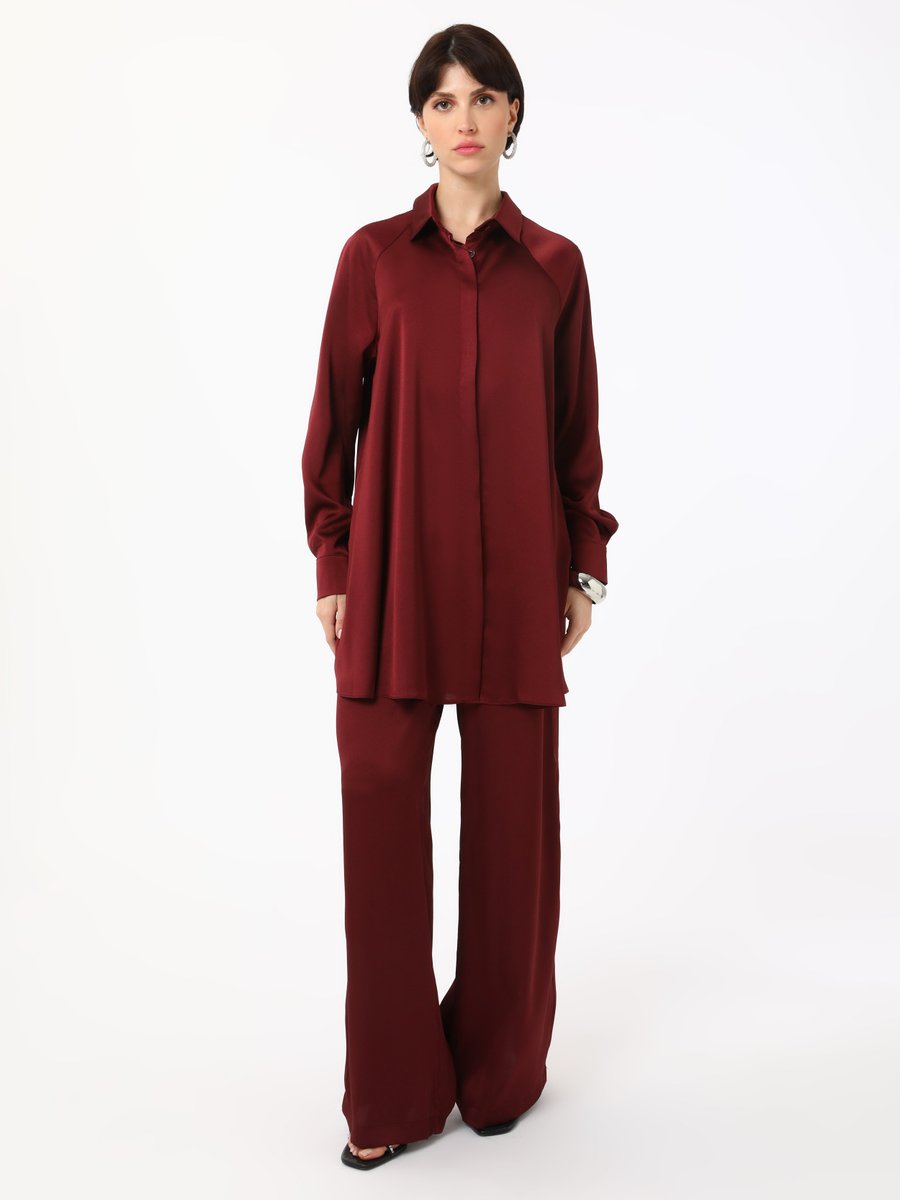 Refka Bordo Saten Tunik Pantolon İkili Takım