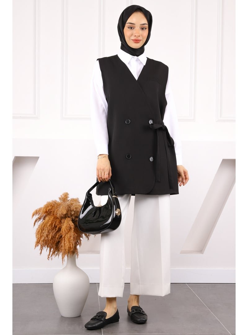 İmaj Butik Siyah Yan Bağlamalı Dügmeli Krep Yelek