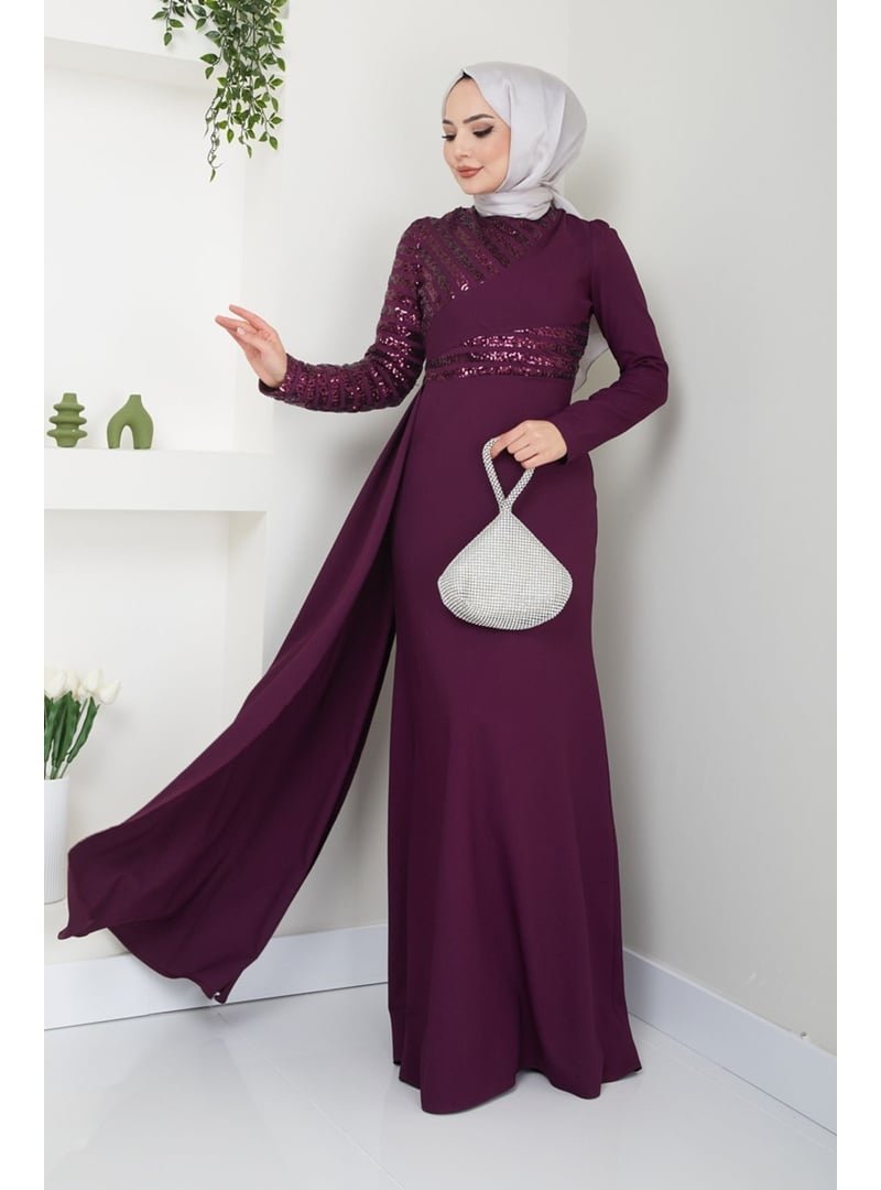 AYŞE MELEK TASARIM Giyim Moda Pul Payet Pelerinli Balık Abiye Elbise Mürdüm