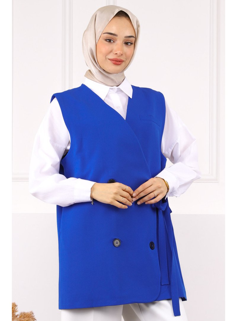 İmaj Butik Saks Mavi Yan Bağlamalı Dügmeli Krep Yelek