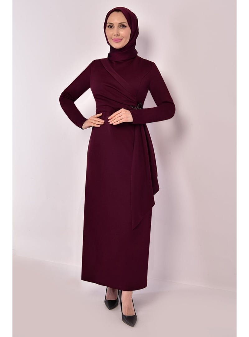 AYŞE MELEK TASARIM Giyim Moda Kemeri Taşlı Asimetrik Kalem Abiye Elbise Bordo
