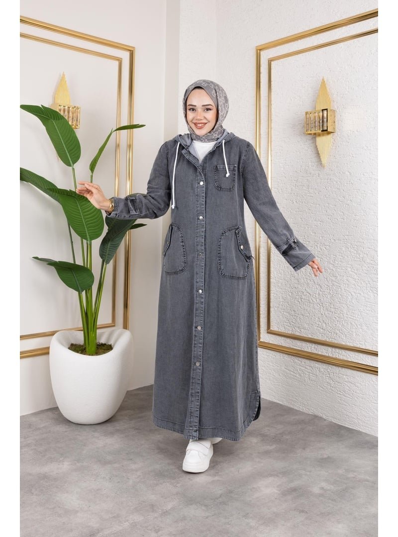 Harmatime butik Cepli Düğmeli Kapüşonlu Denim Kot Trençkot