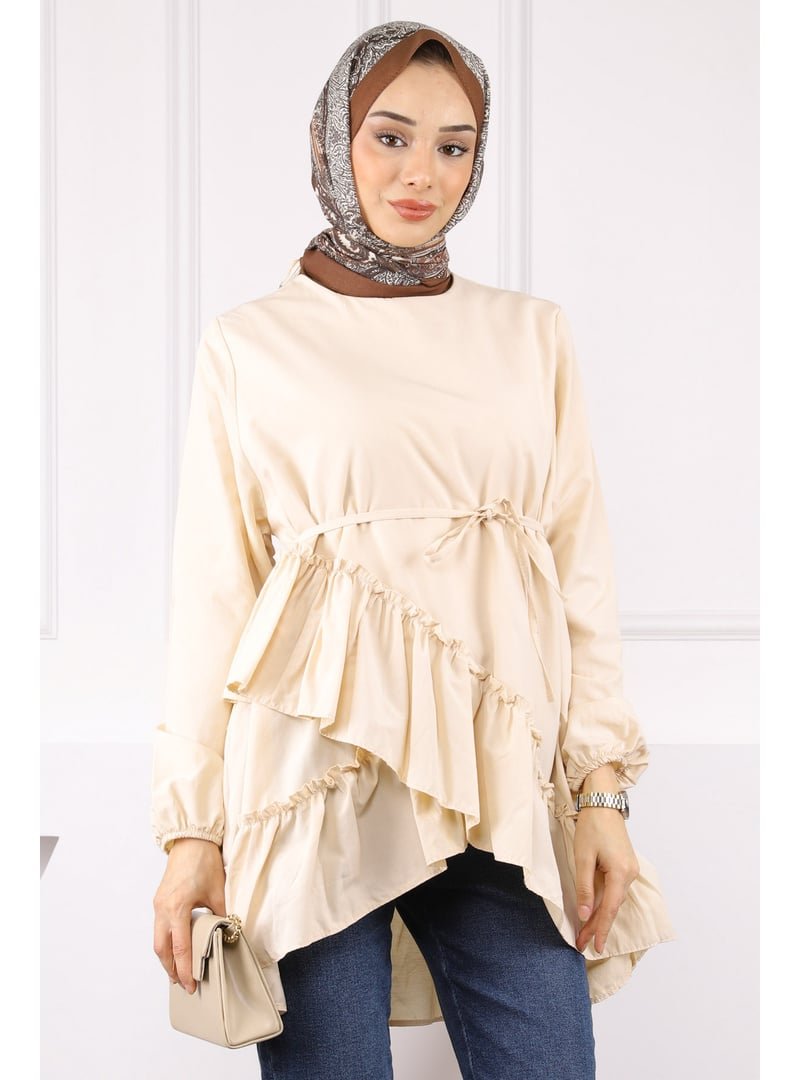 İmaj Butik Bej Eteği Katlı Fırfırlı Tunik