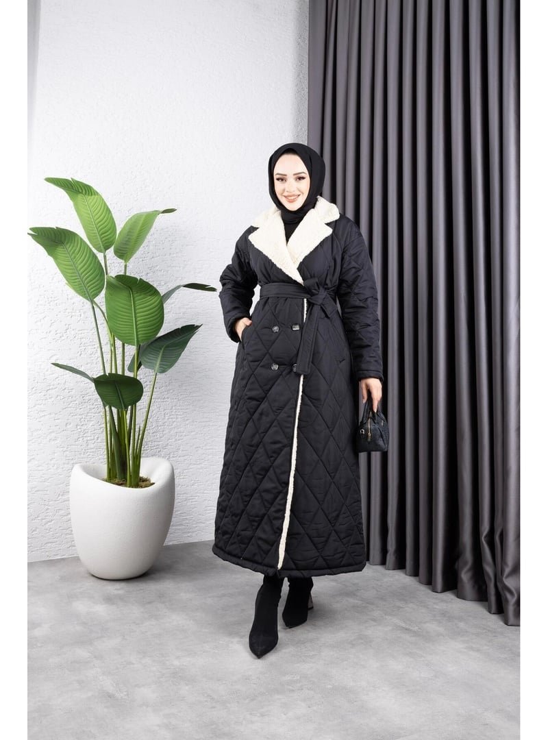 Harmatime butik Astarlı Yandan İçi Kürklü Kapitone Uzun Mont