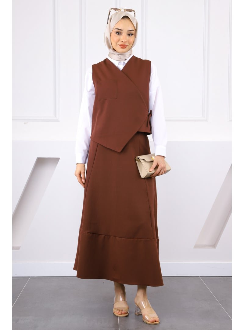 İmaj Butik Kahverengi Tek Cepli Yelek Etekli Takım