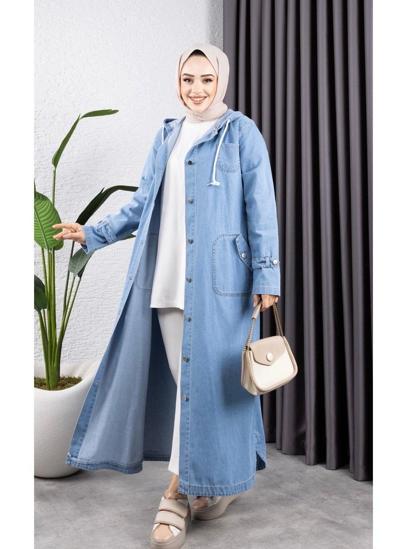Harmatime butik Cepli Düğmeli Kapüşonlu Denim Kot Trençkot