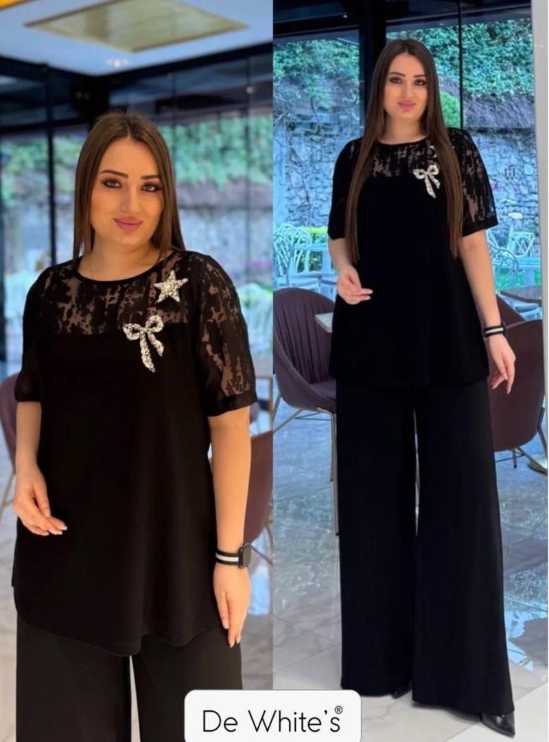 De White`s Siyah Büyük Beden Kısa Kol Kollu Dantel Ve Fiyok Aksesuarlı Bluz