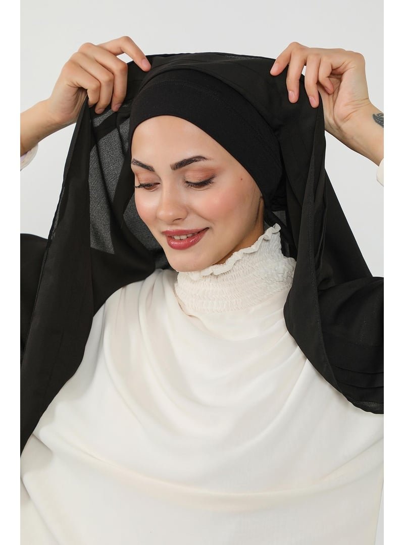 Aisha`s Design Siyah Penye İç Boneli Pileli Krep Şal,ps