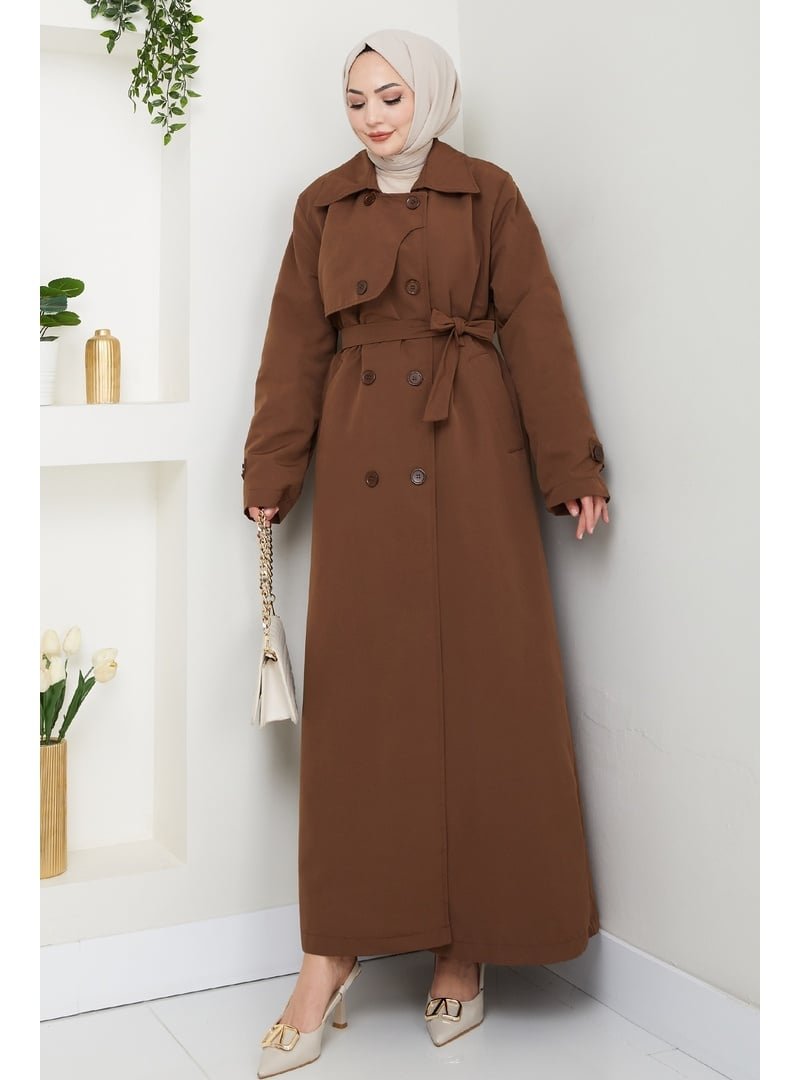 InStyle Kapak Detay Uzun Astarlı Kahverengi Trençkot