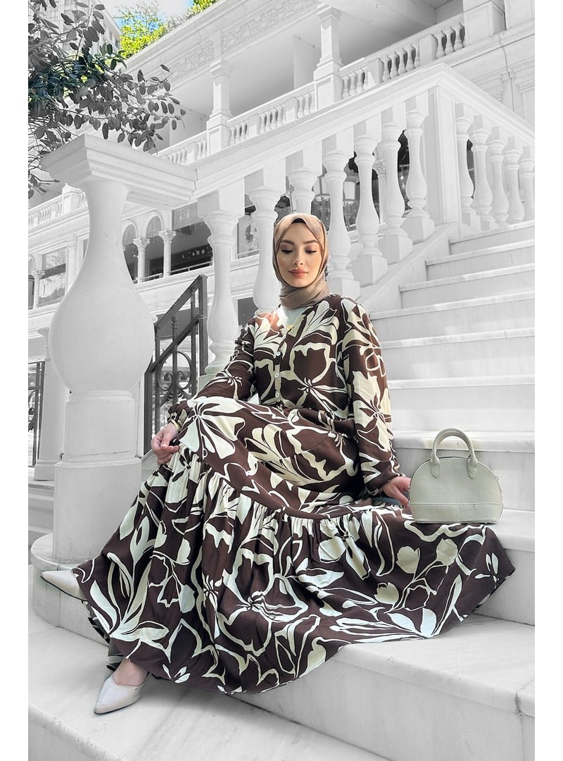 Liz Butik Kahverengi Yonca Desenli Elbise