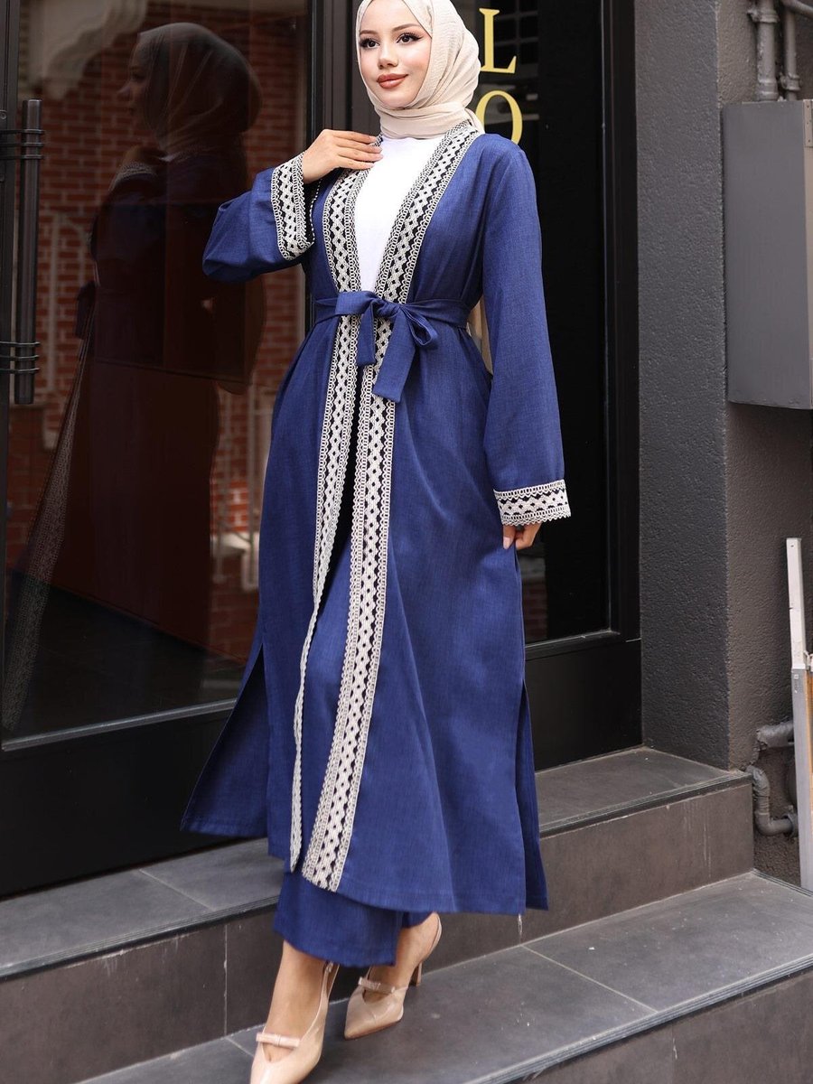 Modamihram İndigo Etnik Desenli Kimono Takım