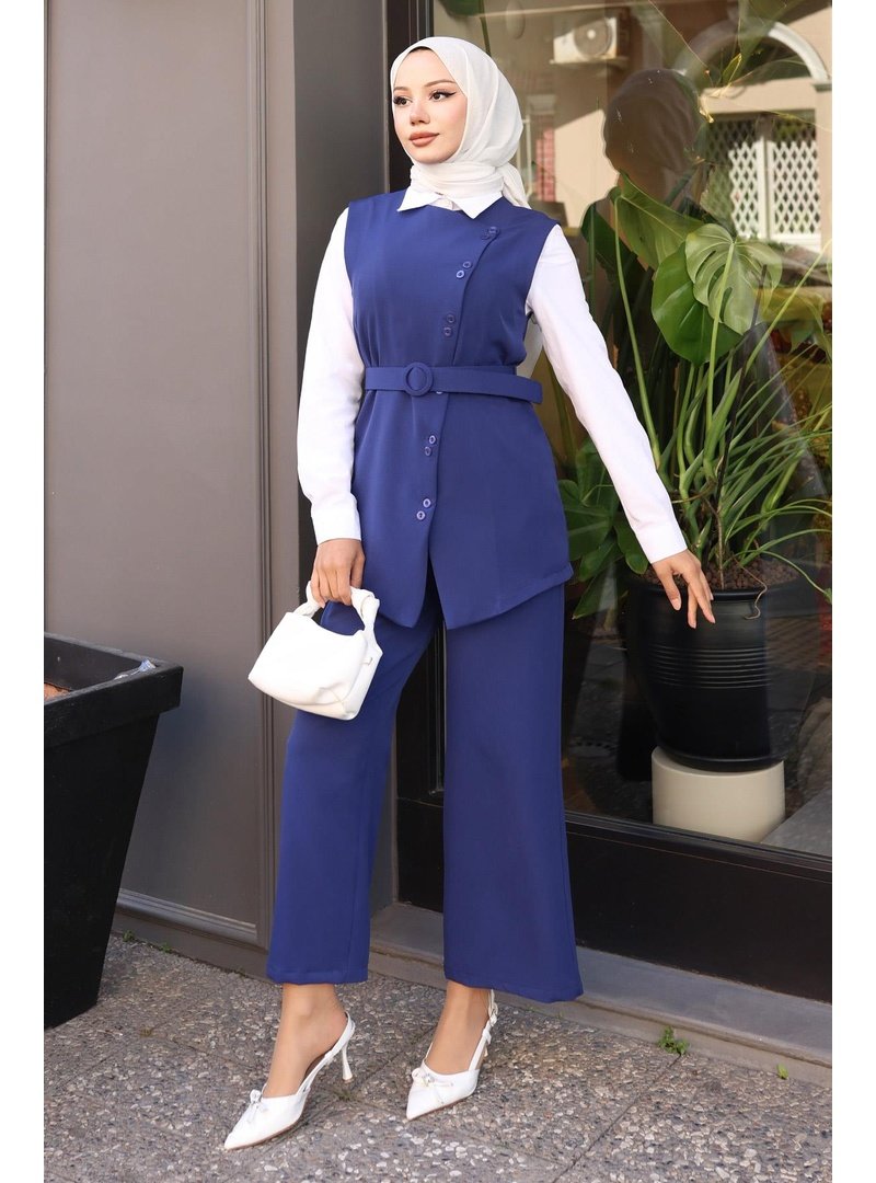 MISSVALLE İndigo Kemerli Yelek Pantolon Takım