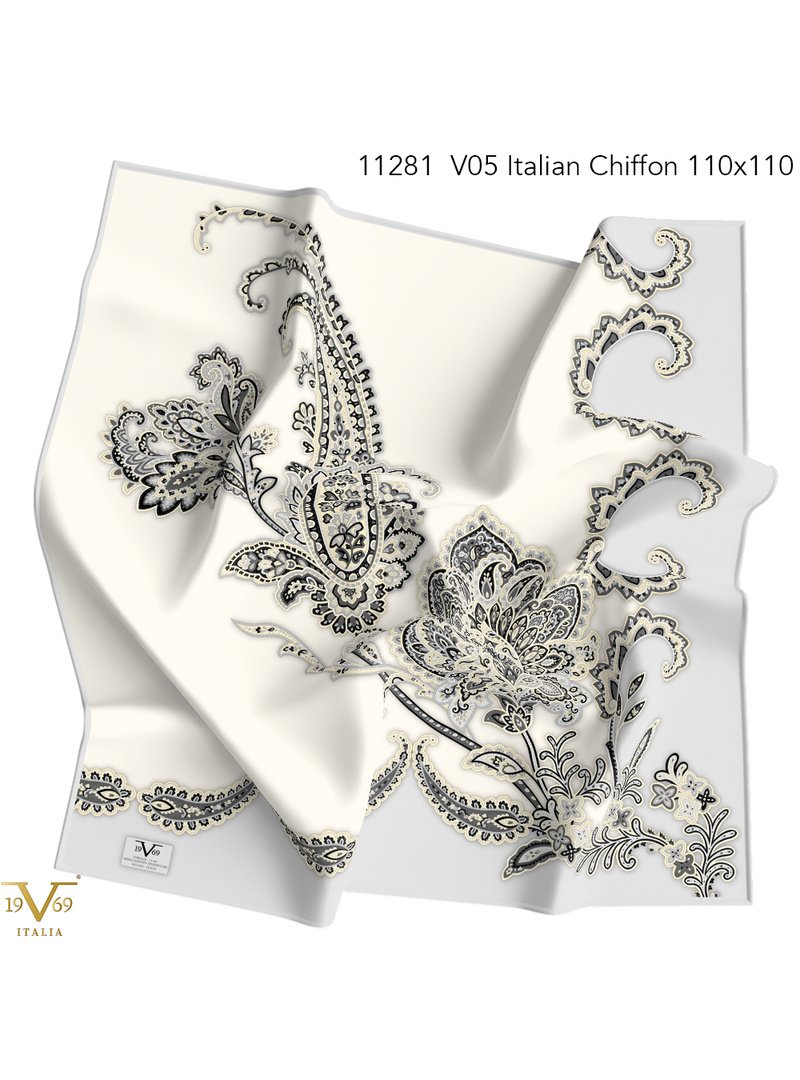 19v69 ITALIA Gri Desenli İtalyan Şifon Seri Eşarp Askısı İle Birlikte 110x110 Cm